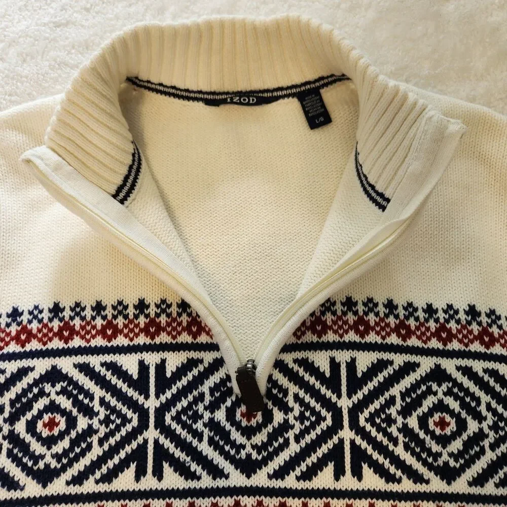 Izod Mens L Knit 1/4 Zip Sweater Ski Lodge Fair Isle Nordic Ivory Navy Red